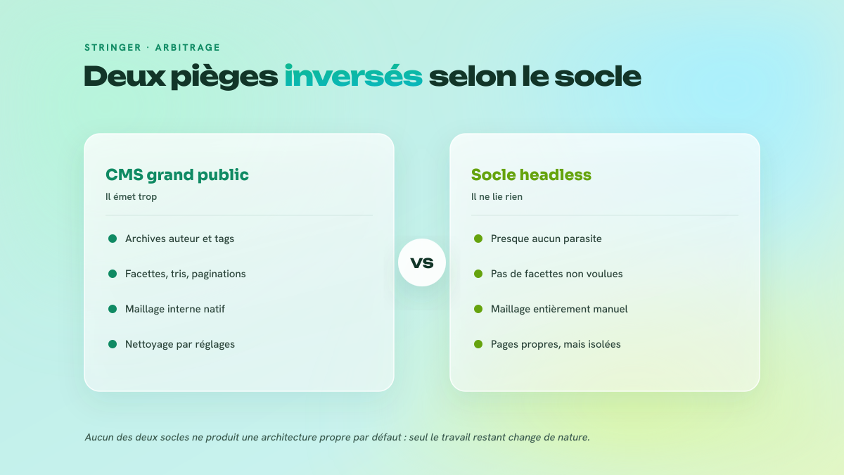 Comparaison en deux colonnes entre un CMS grand public, qui émet des URLs parasites mais maille tout seul, et un socle headless, propre par défaut mais dont le maillage reste manuel.