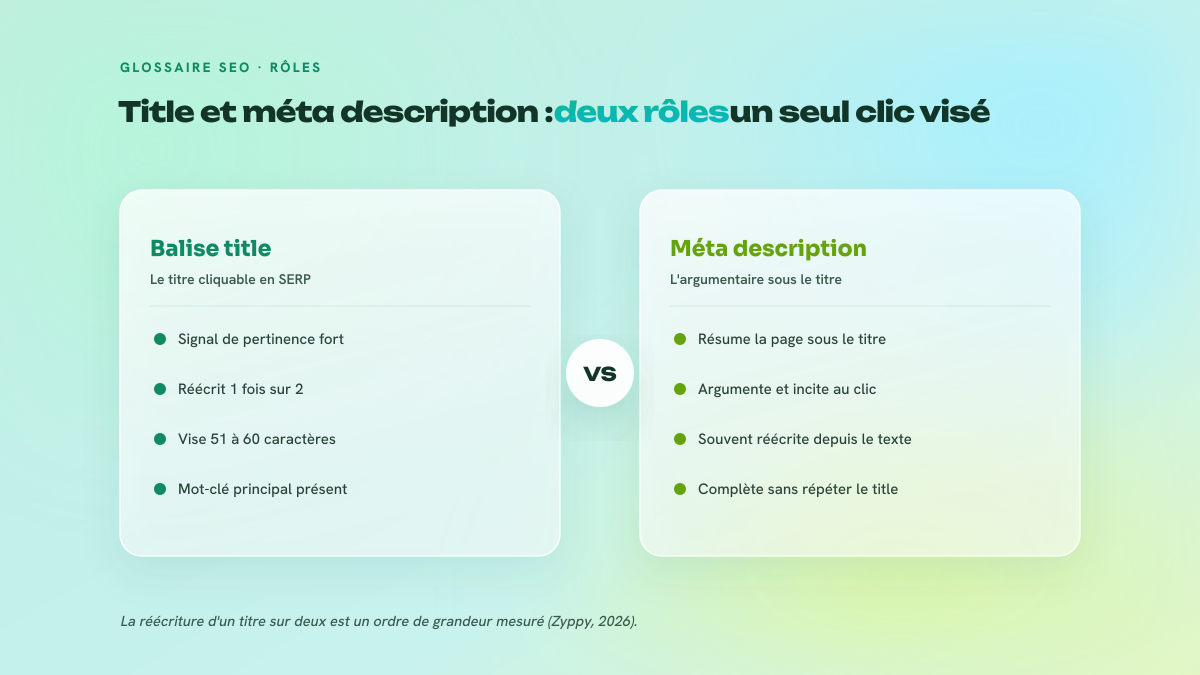 Comparaison des rôles distincts de la balise title et de la méta description dans le résultat de recherche.