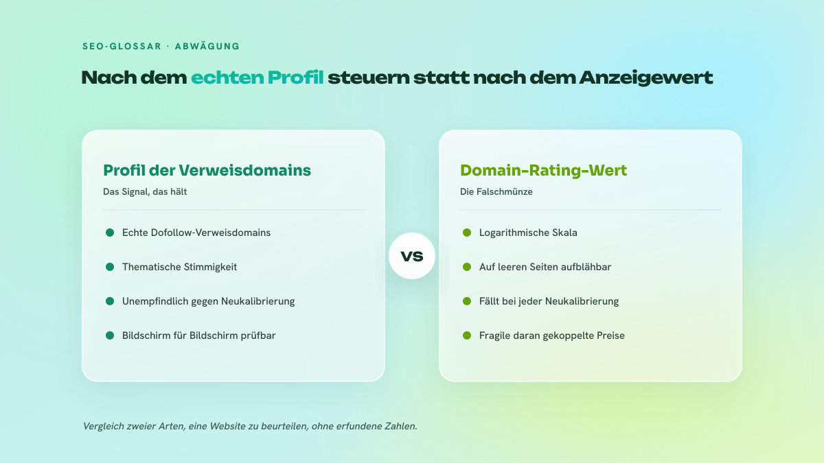 Zweispaltiger Vergleich zwischen der Steuerung über verweisende Dofollow-Domains und der Steuerung über den Domain-Rating-Wert.