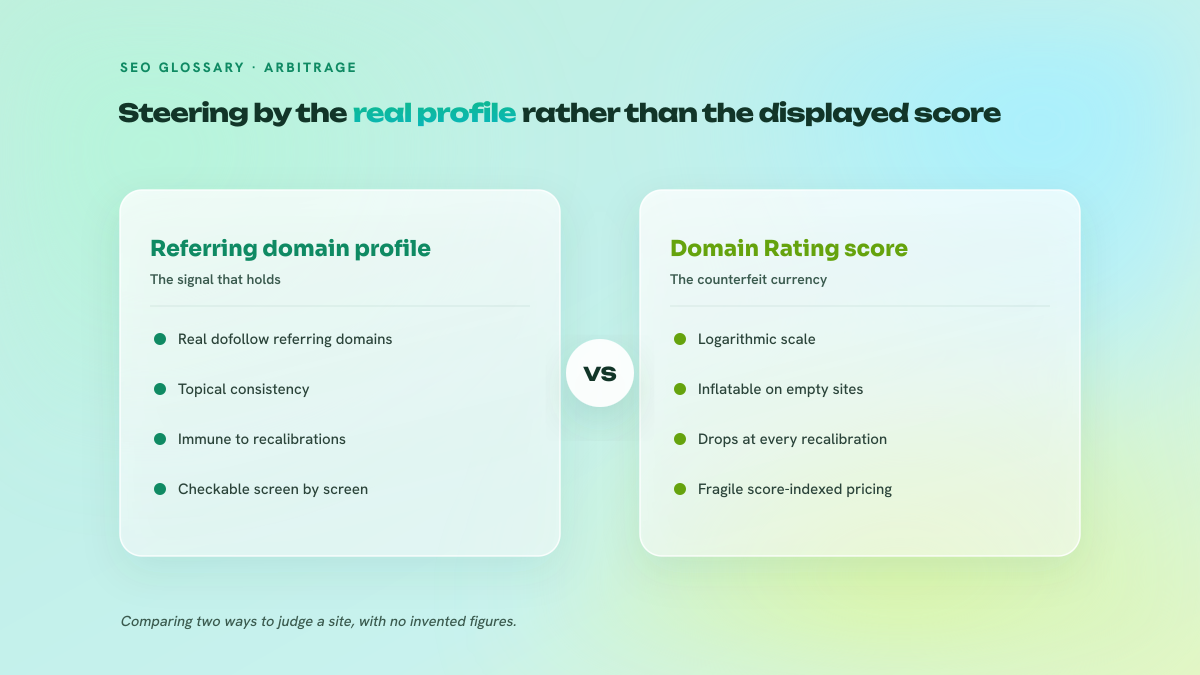 Two-column comparison between steering by dofollow referring domains and steering by the Domain Rating score.