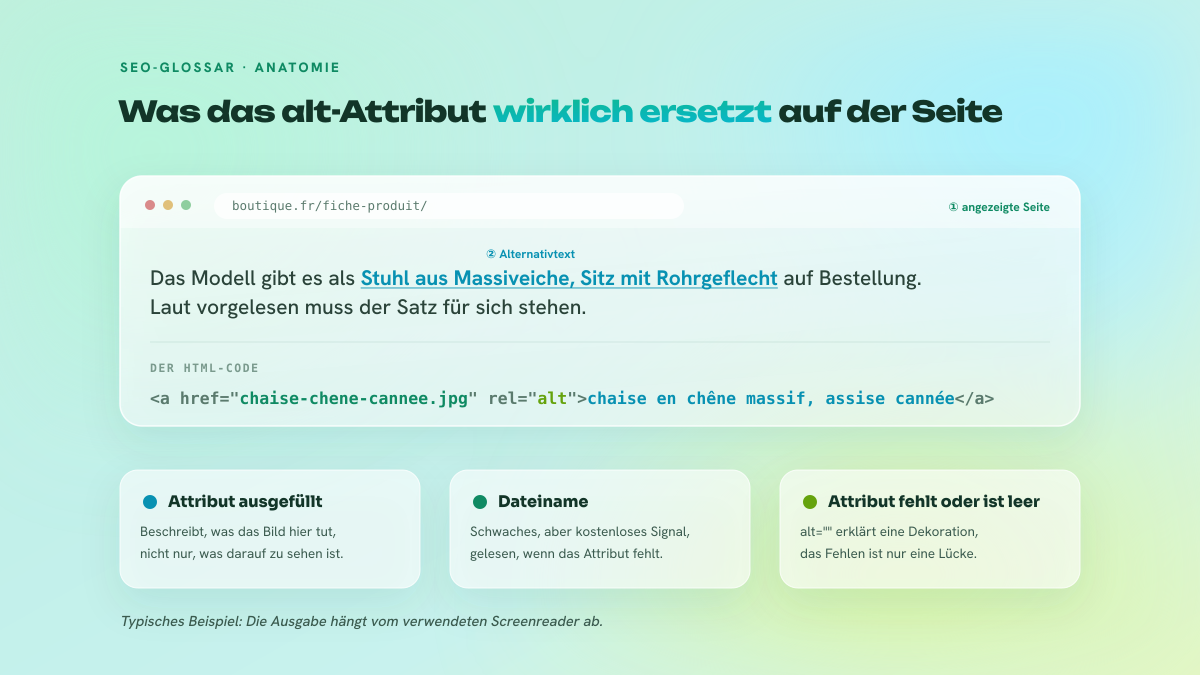 Abbildung, die ein Bild in einer Webseite und sein alt-Attribut zerlegt: der Satz, der vorgelesen wird, wenn das Bild nicht angezeigt wird, der zugehörige HTML-Code mit src, beschreibendem alt und Bildunterschrift, sowie drei Hinweise zur Rolle jedes Elements.