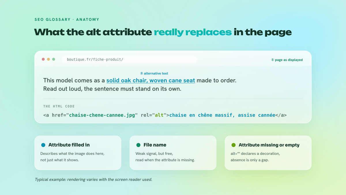 Diagram of a product page whose image is hidden: the alternative text takes its place in the spoken sentence, with the detailed HTML code below and a legend of the three attribute cases.