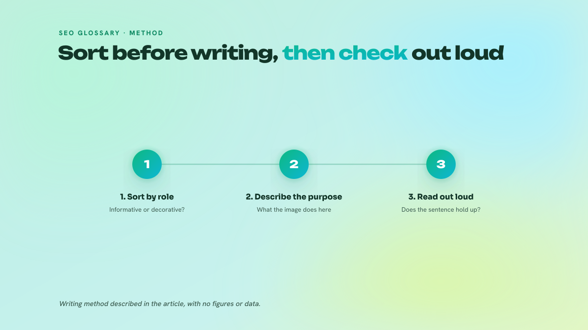Three numbered steps: sort images by their role, describe what the image adds, then read the page aloud to validate the alternative text.
