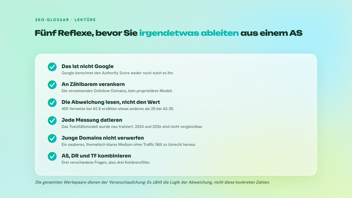 Liste von sechs Punkten, auf die bei der Deutung des Authority Score zu achten ist, jeweils mit einer kurzen Erläuterung.