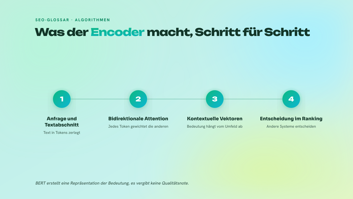Schema in drei Schritten, das den Weg von einer Suchanfrage und einem Textabschnitt zu kontextuellen Vektoren zeigt, sowie deren Nutzung durch die Ranking-Systeme.