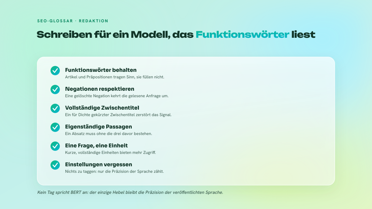Checkliste mit fünf Redaktionspunkten, angepasst an bidirektionale Aufmerksamkeit und Passage Ranking.