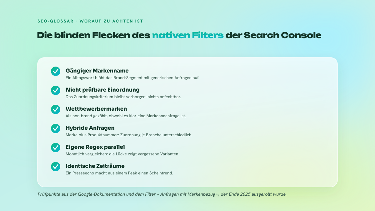 Liste von fünf Punkten, auf die bei der Brand-Segmentierung in der Search Console zu achten ist: gängiger Markenname, Wettbewerbermarken, hybride Anfragen, nicht prüfbare Einordnung, Vergleichszeiträume.