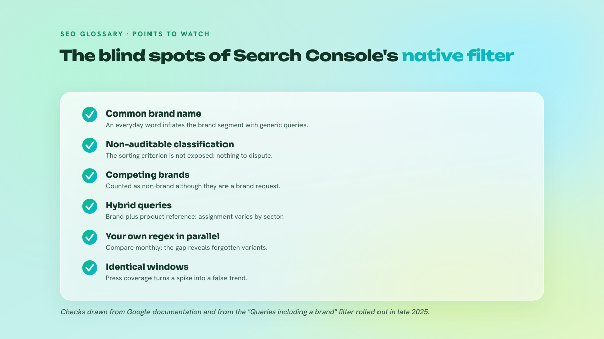 List of five points to watch about brand segmentation in Search Console: common brand name, competing brands, hybrid queries, non-auditable classification, comparison windows.