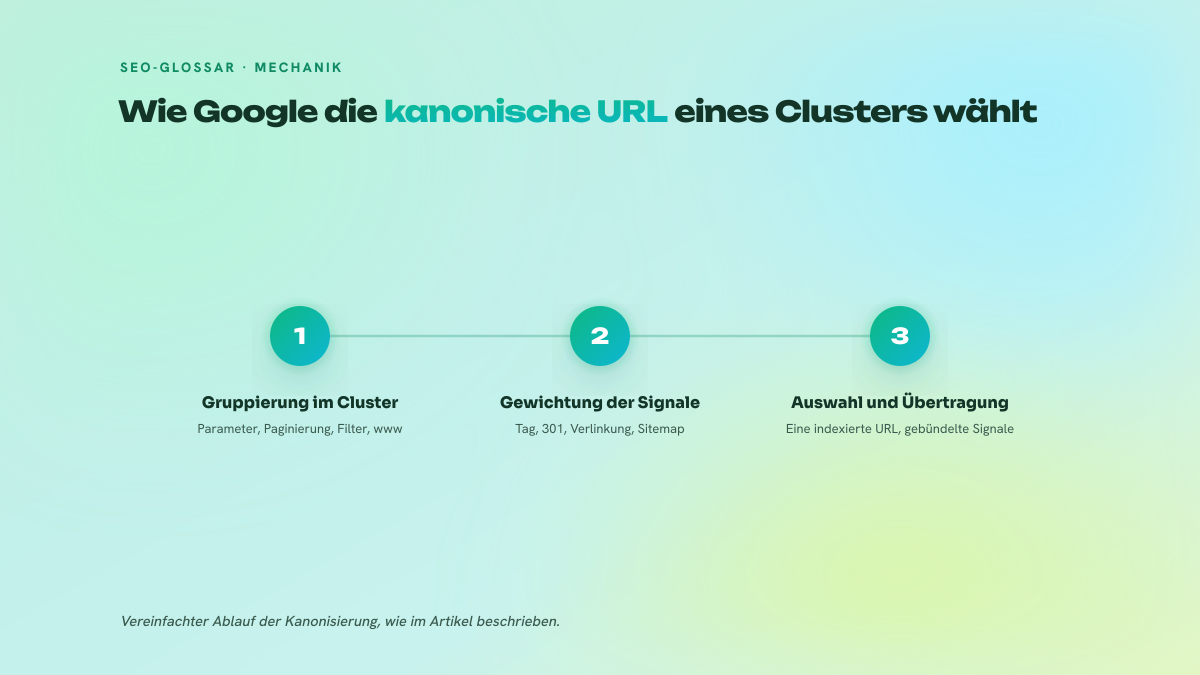 Dreistufiger Prozess, der zeigt, wie Google doppelte URLs gruppiert, Signale gewichtet und die Indexierung anschließend auf eine einzige URL konzentriert.