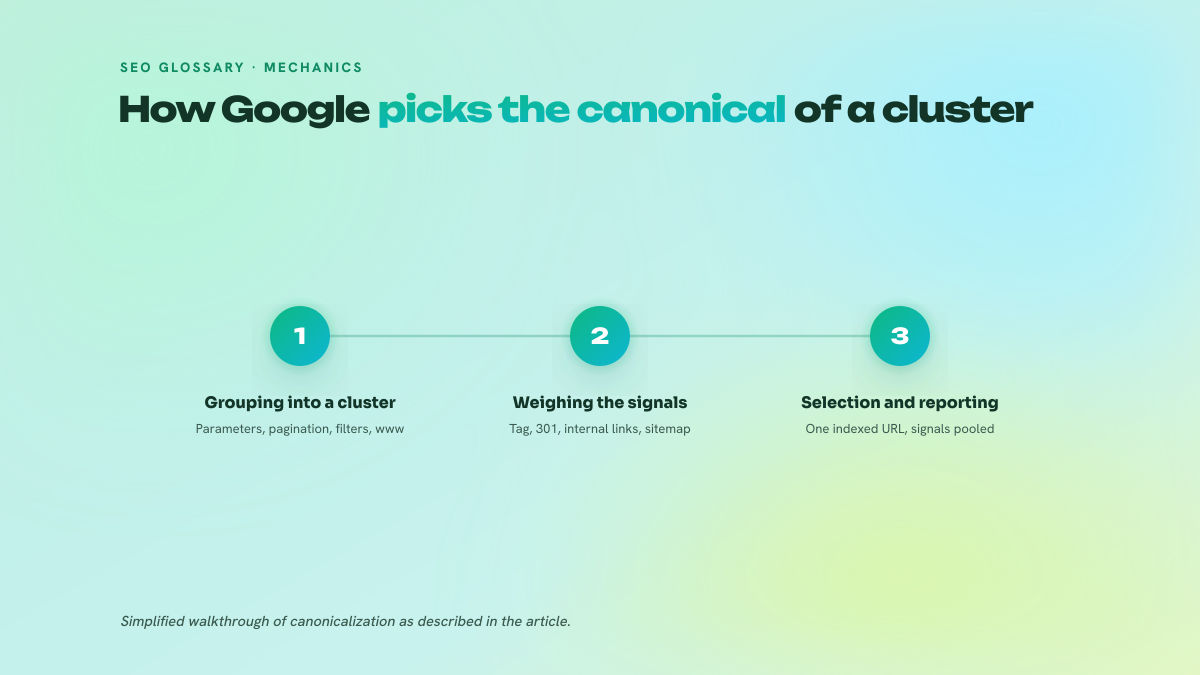 Three-step process showing how Google groups duplicate URLs, weighs the signals, then focuses indexing on a single URL.
