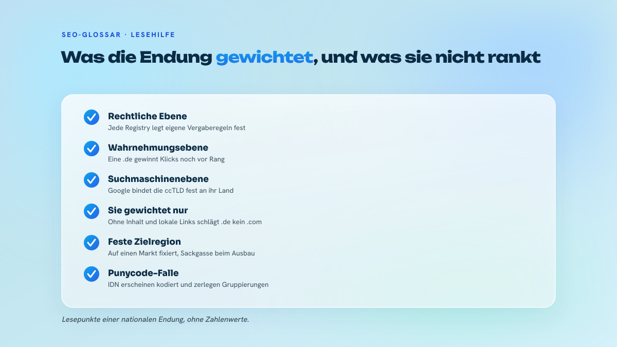 Liste mit sechs abgehakten Punkten, die die drei Wertebenen einer ccTLD beschreiben, ihre tatsächliche Wirkung auf das Ranking, die geografische Festlegung und die Punycode-Anzeigefalle internationalisierter Domainendungen.