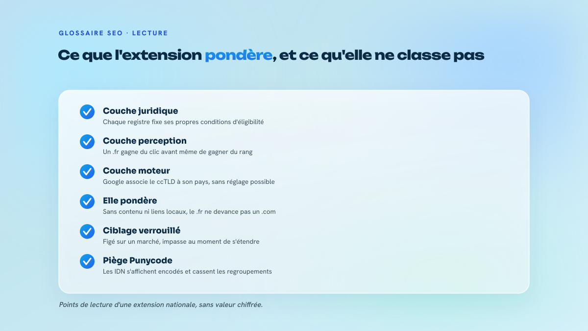 Liste de six points cochés décrivant les trois couches de valeur d'un ccTLD, sa portée réelle sur le classement, le verrouillage géographique et le piège d'affichage Punycode des extensions internationalisées.