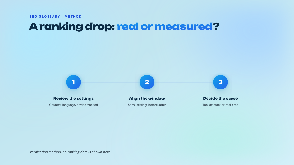 Three numbered steps: review the country, language and device settings of the tracking project, align the compared window, then tell a measurement artefact apart from a real drop in visibility.