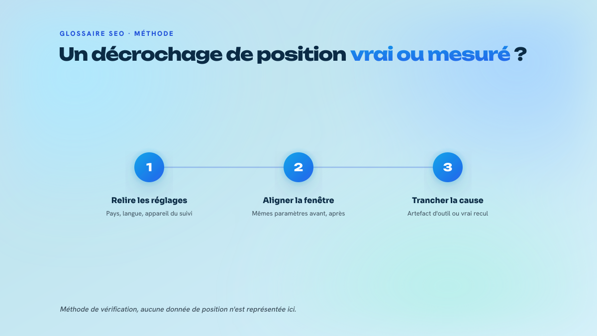 Trois étapes numérotées : relire les réglages de pays, langue et appareil du projet de suivi, aligner la fenêtre comparée, puis distinguer un artefact de mesure d'un vrai recul de visibilité.