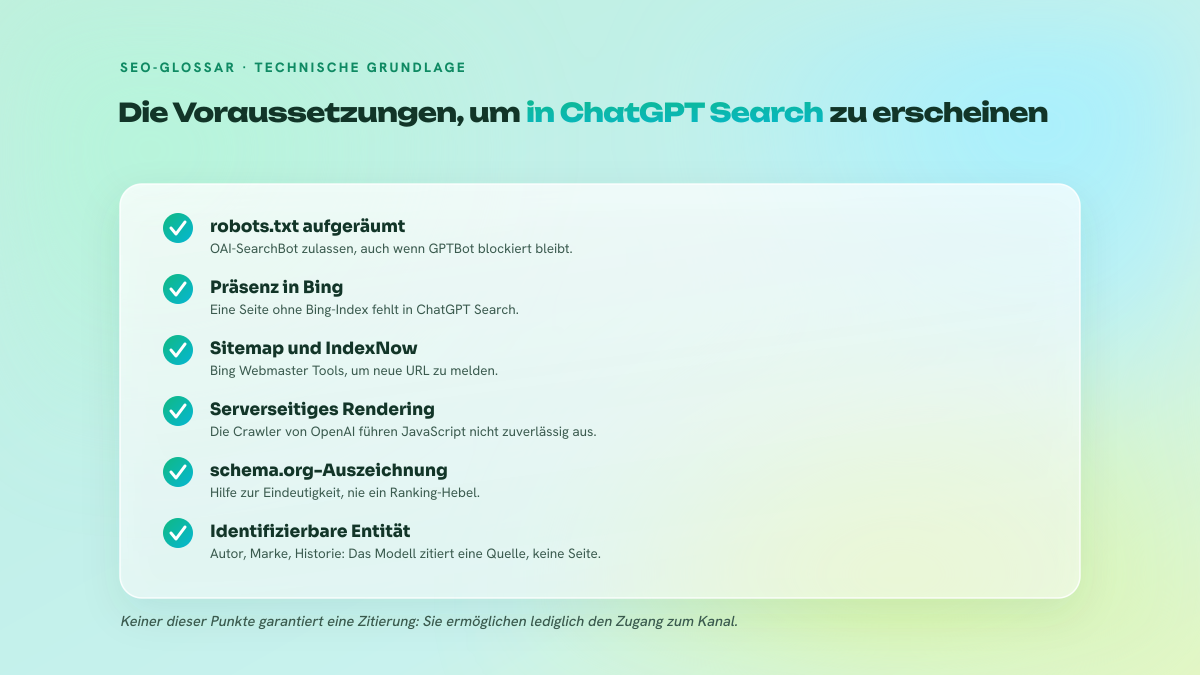 Checkliste der technischen Voraussetzungen für Sichtbarkeit in ChatGPT Search: robots.txt, Bing-Index, serverseitiges Rendering, strukturierte Daten, zitierfähige Inhalte und identifizierbare Entität.