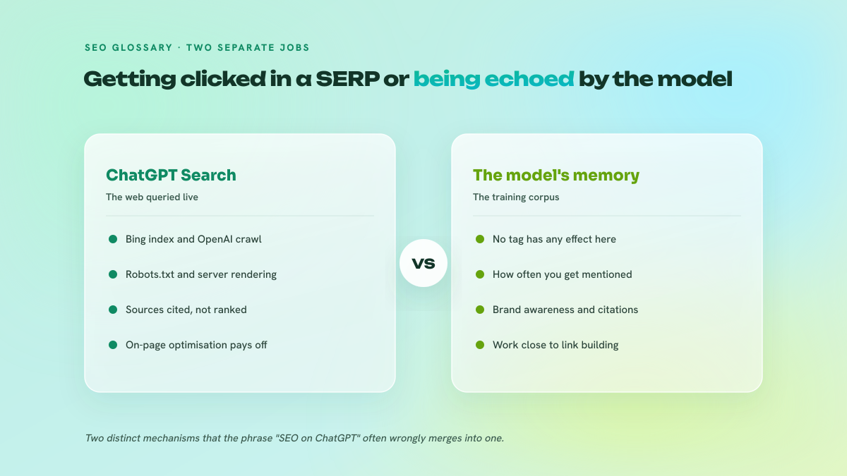 Two-column comparison between optimising for ChatGPT Search, driven by classic SEO methods applied to Bing, and presence in the model's memory, which comes down to brand awareness and citations.