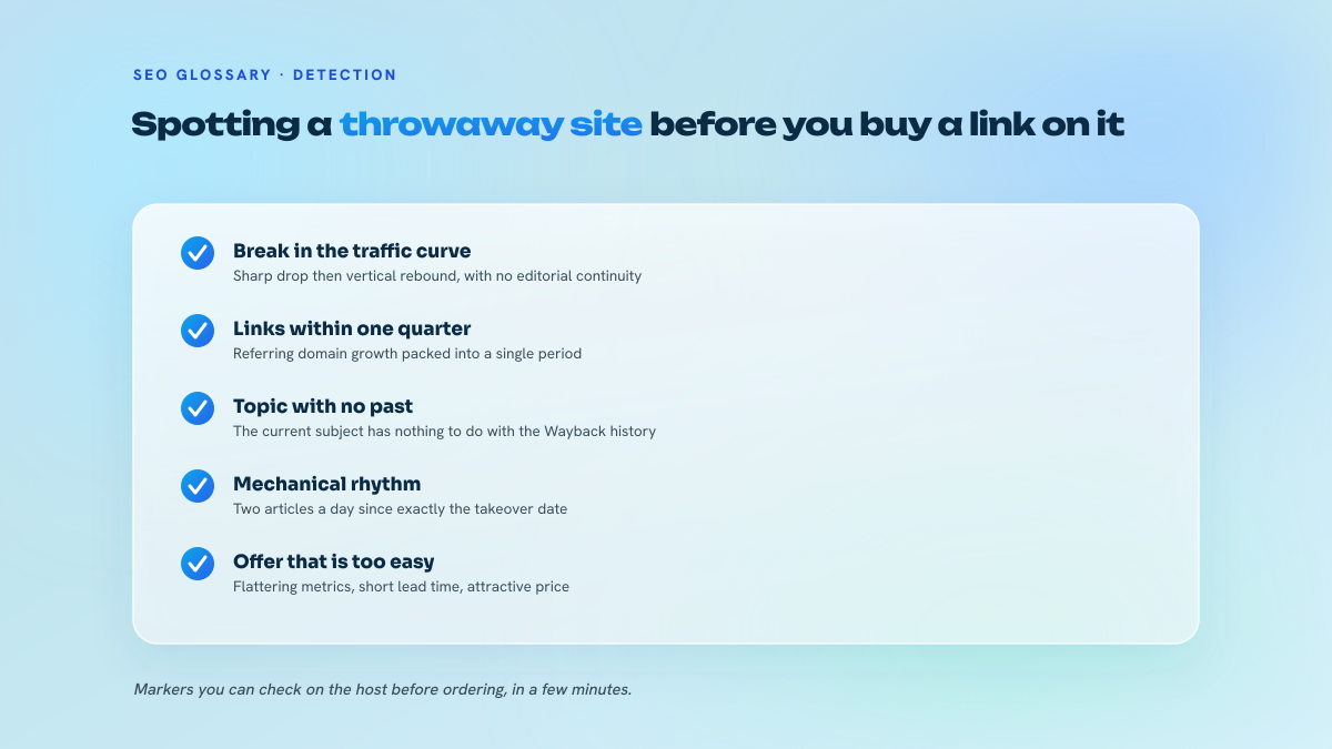 List of five markers for spotting a churn and burn site before buying a link on it: traffic break, links concentrated in time, topic with no past, mechanical rhythm, very fast publication.
