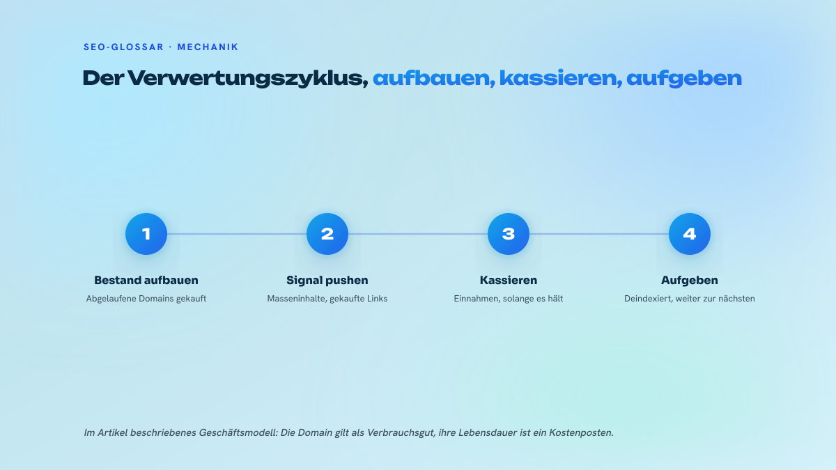 Vierstufiger Zyklus von Churn and Burn: Aufbau eines Bestands abgelaufener Domains, Druck über Massenlinks und Masseninhalte, Einnahmen während der rentablen Phase, Aufgabe nach der Deindexierung.