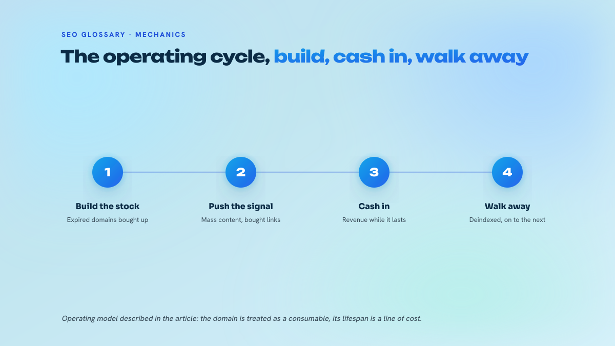 Four-stage cycle of churn and burn: building the stock of expired domains, pushing links and mass content, cashing in during the profitable phase, walking away after deindexation.