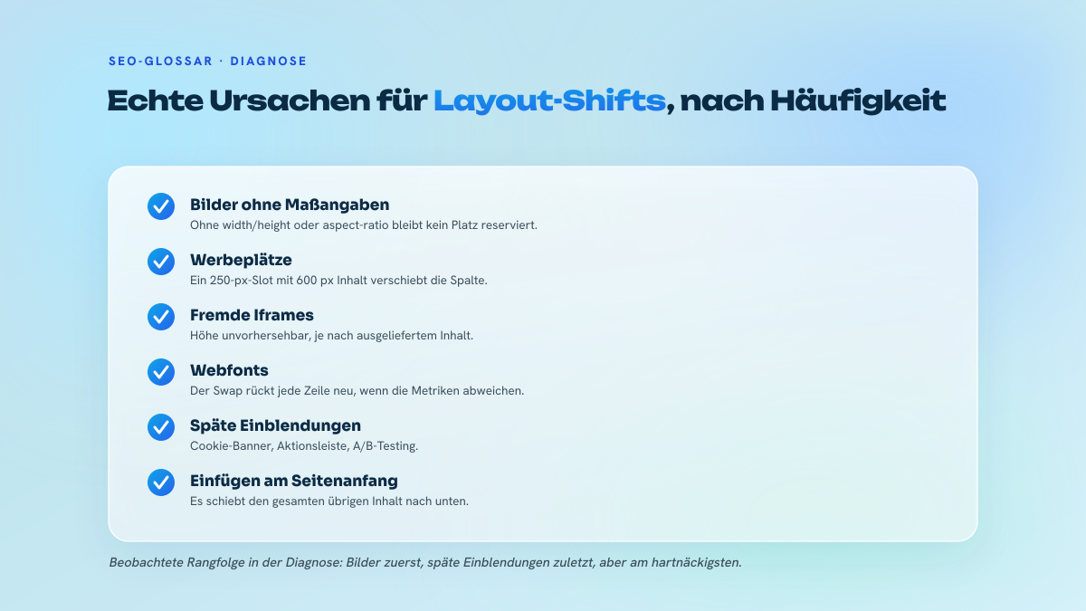 Liste von fünf Ursachen für Layoutverschiebungen in der Produktion, von Bildern ohne Maßangaben bis zu spät eingefügten Skripten.