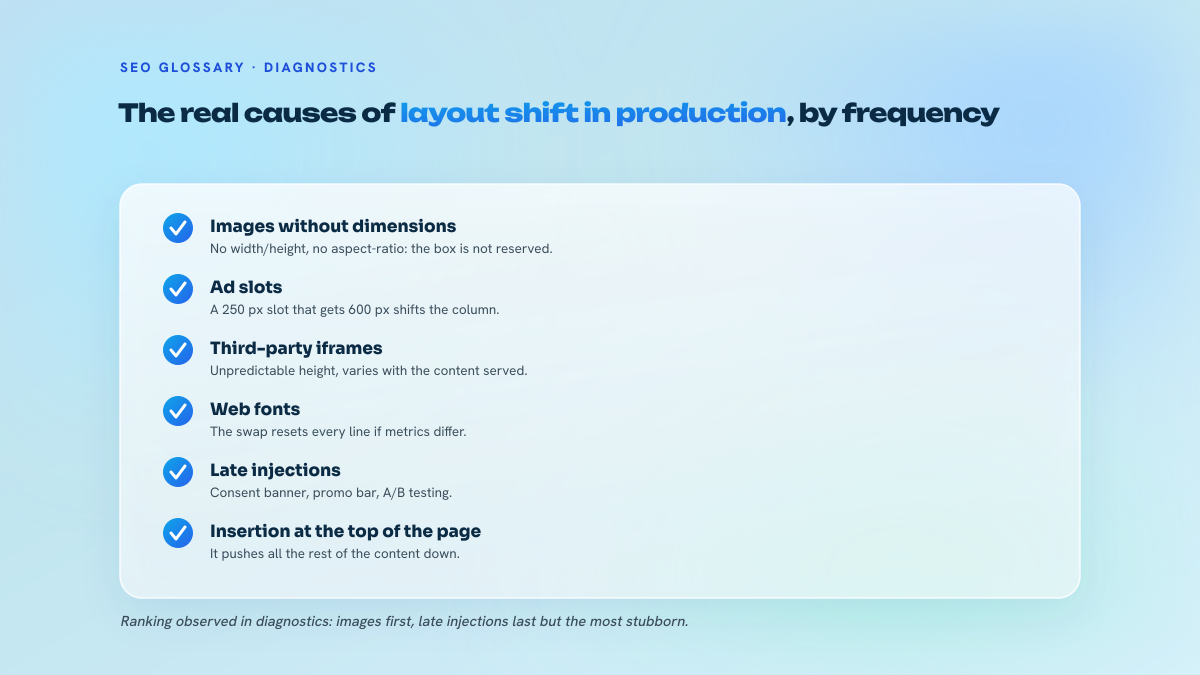 List of five causes of layout shift ranked by the weight observed in audits: content injected above the fold, media without reserved dimensions, ad slots with variable height, web fonts, and animations on layout properties.