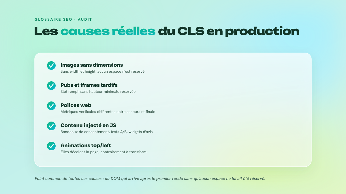 Liste de six causes fréquentes d'instabilité visuelle : images et vidéos sans attributs width et height, emplacements publicitaires à hauteur variable, embeds tiers qui se redimensionnent, polices web provoquant un reflow, injection tardive de contenu dans le flux, et lazy loading appliqué au premier écran.