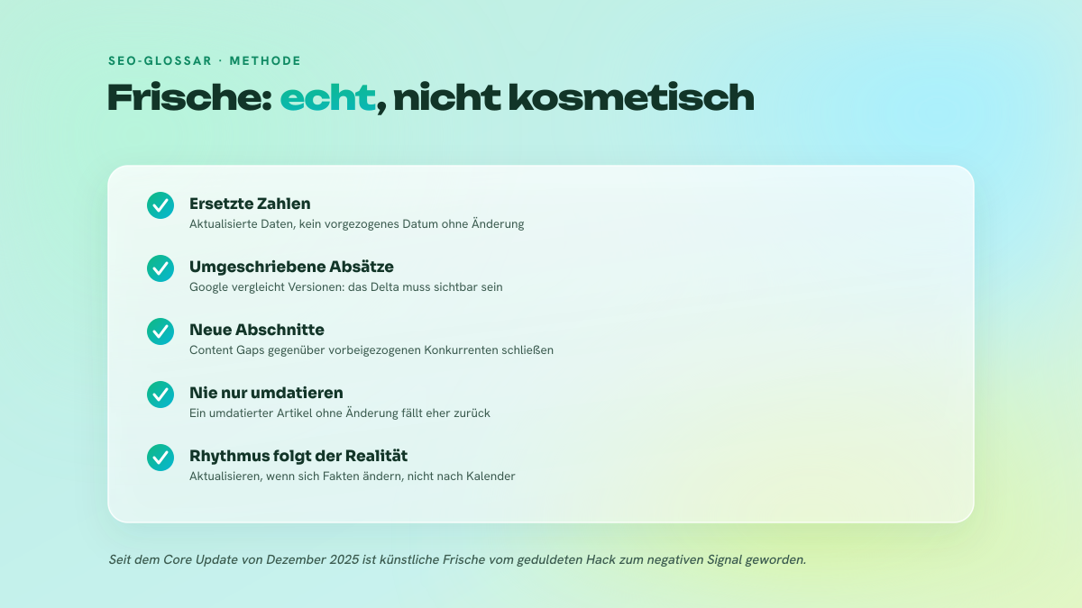 Checkliste der Merkmale eines für Google glaubwürdigen Refreshs: ersetzte Zahlen, umgeschriebene Absätze, neue Abschnitte, kein bloßes Umdatieren, Rhythmus folgt der Realität.