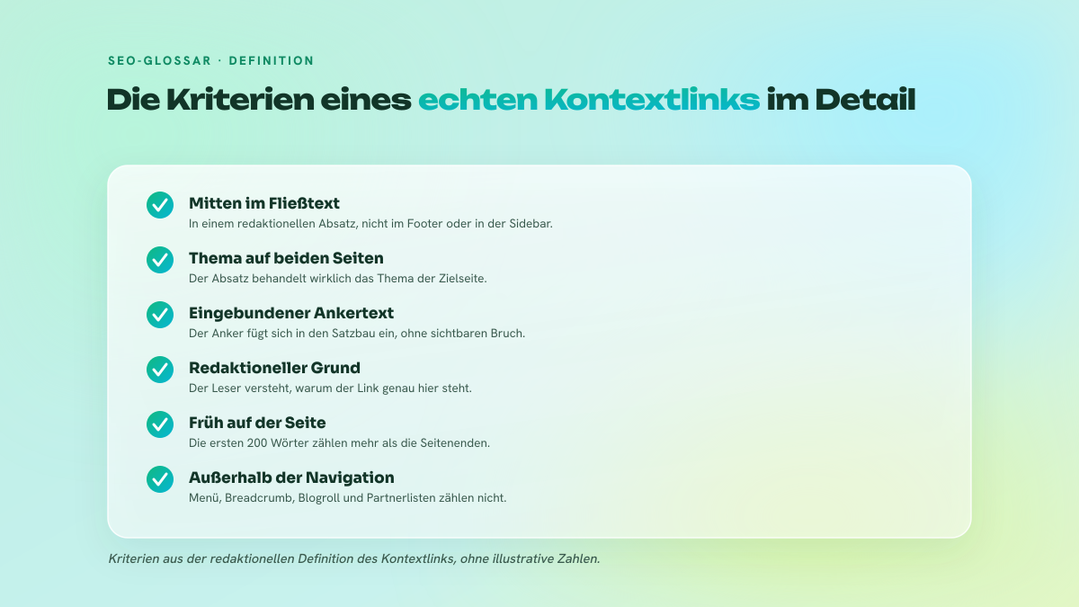 Checkliste mit fünf Kriterien, die einen Kontextlink definieren: Platzierung im Fließtext, thematische Kohärenz, in den Satz eingebundener Ankertext, redaktionelle Begründung und Abgrenzung zu Navigationslinks.
