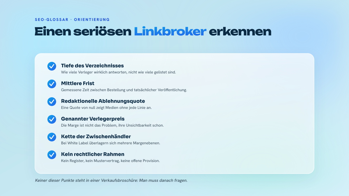 Checkliste mit fünf Kriterien zur Bewertung der Seriosität eines Linkbrokers: Tiefe des Verzeichnisses, Frist bis zur Veröffentlichung, redaktionelle Ablehnungsquote, Verlegerpreis und fehlender rechtlicher Rahmen.