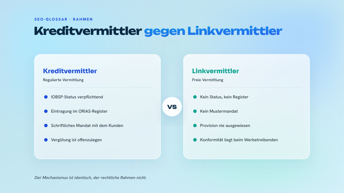 Zweispaltiger Vergleich zwischen dem Immobilienkreditvermittler, der durch den IOBSP-Status und die ORIAS-Registrierung reguliert ist, und dem Linkvermittler, für den es weder ein Register noch eine Pflicht zur Offenlegung seiner Provision gibt.