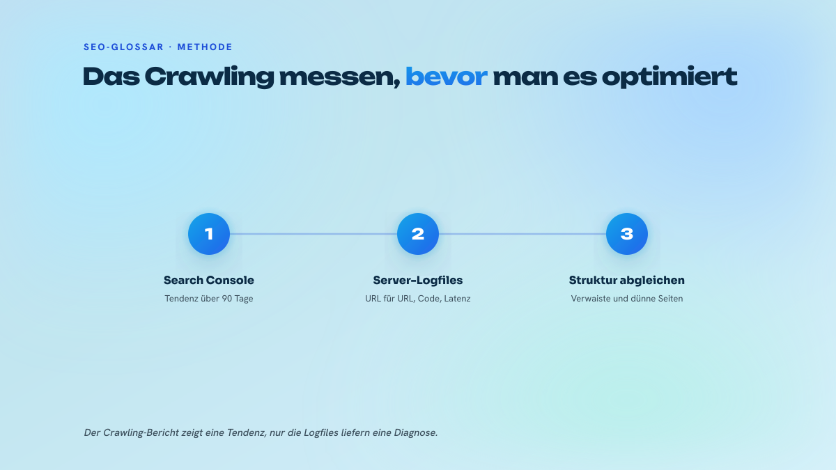 Schema in drei Schritten: Search Console für die Tendenz über neunzig Tage, dann Analyse der Server-Logfiles URL für URL, dann Abgleich mit der Seitenarchitektur, um verwaiste und inhaltsarme Seiten zu erkennen.