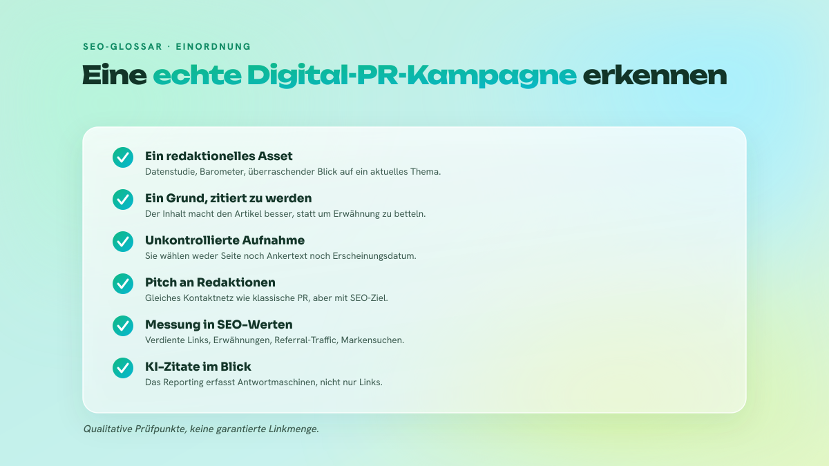 Checkliste mit sechs Prüfpunkten, die eine Digital-PR-Kampagne von einer reinen Linkplatzierung unterscheiden.