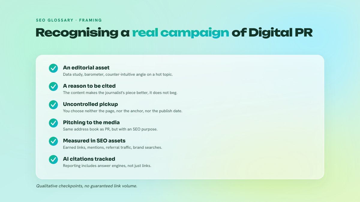 Checklist of six checkpoints distinguishing a Digital PR campaign from a simple link placement.