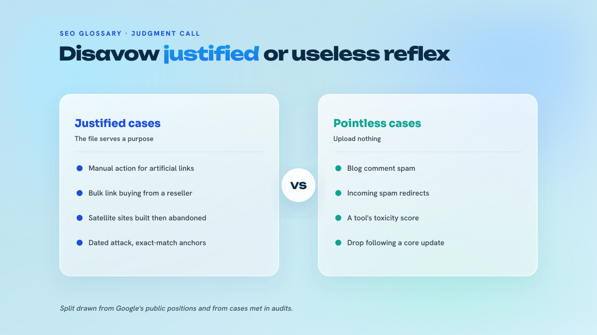 Two-column comparison between the situations that justify a disavow and those that do not.