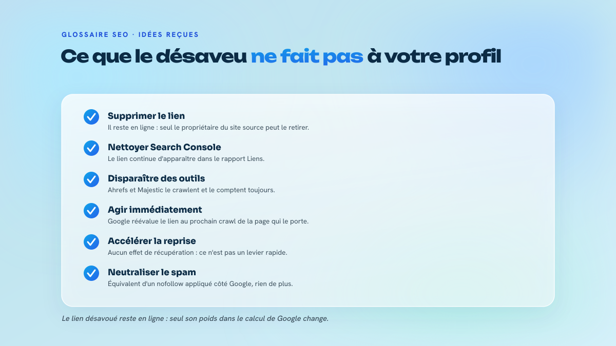 Liste de cinq idées reçues sur le fichier de désaveu, chacune corrigée par une note explicative