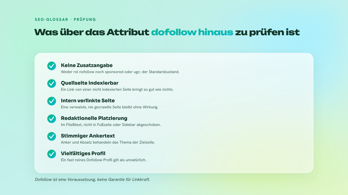 Checkliste mit fünf Kriterien, die bei einem Dofollow-Link zu prüfen sind: kein rel nofollow, sponsored oder ugc, indexierte Quellseite, redaktionelle Platzierung, zum Ziel passender Ankertext, interne Verlinkung der Quellseite.