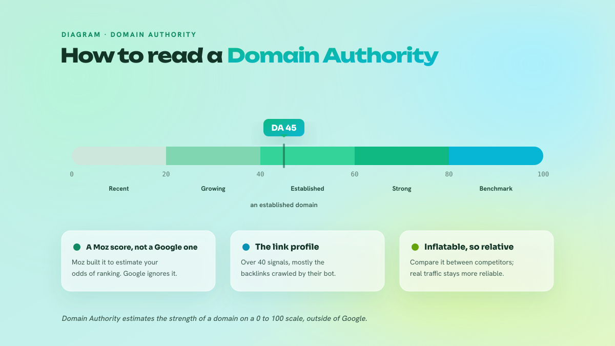 Domain Authority gauge from 0 to 100 with its zones (recent, growing, established, strong, benchmark) and a marker on DA 45.