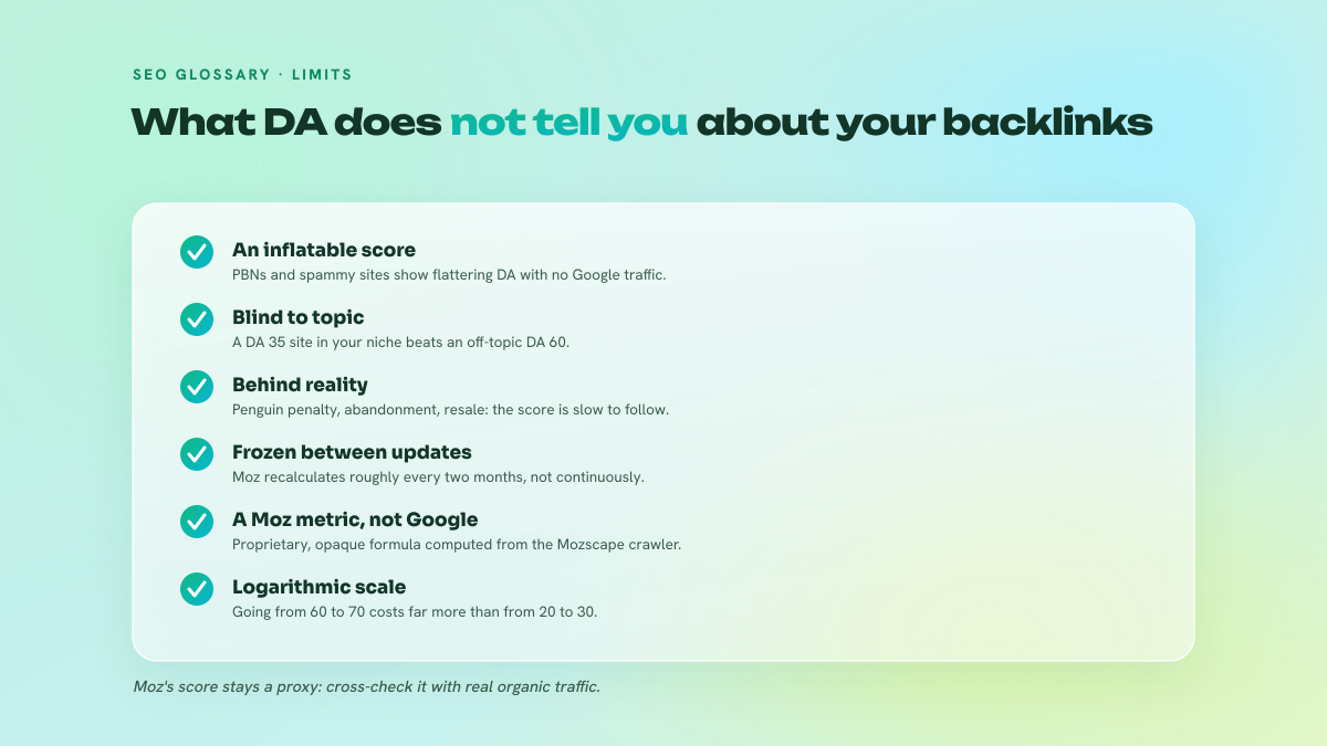 Checklist of the five blind spots in Moz's Domain Authority score: artificial inflation, no topical dimension, lag behind penalties, bimonthly updates and non-Google origin.