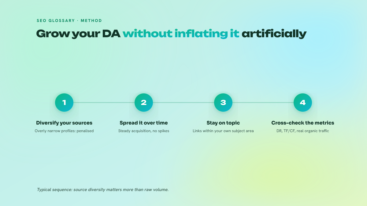 Three-step process for improving your Domain Authority: diversify link sources, spread acquisitions over time, then check progress with several metrics.