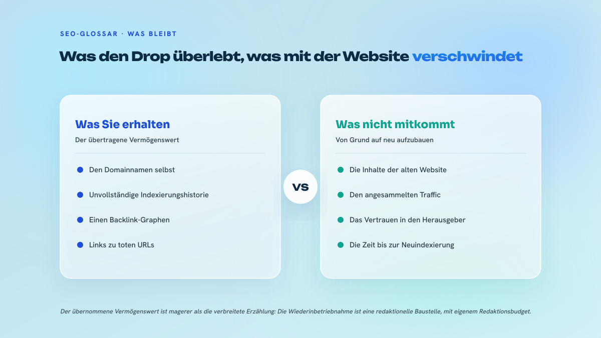 Zweispaltiger Vergleich zwischen dem, was man beim Catchen einer abgelaufenen Domain erhält (den Namen, eine unvollständige Indexierungshistorie, ein Backlink-Graph zu toten URLs), und dem, was nicht mitkommt (die Inhalte, der Traffic, das Vertrauen in den früheren Herausgeber).