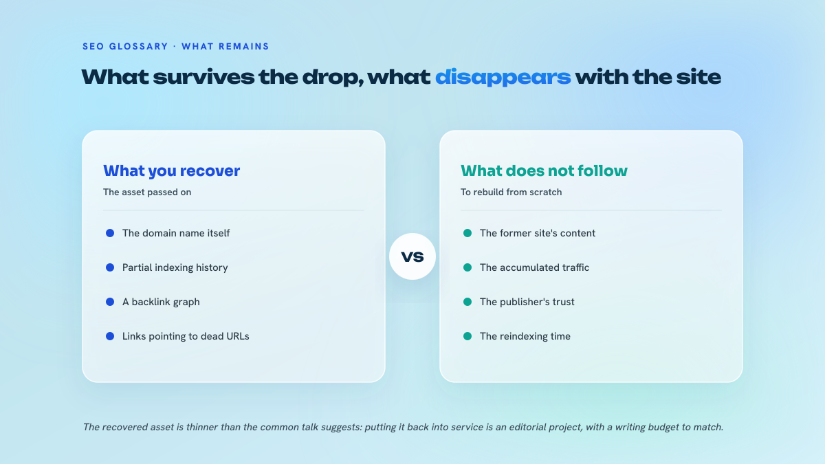 Two-column comparison between what you recover when you catch an expired domain (the name, a partial indexing history, a backlink graph pointing to dead URLs) and what does not follow (the content, the traffic, the trust earned by the former publisher).
