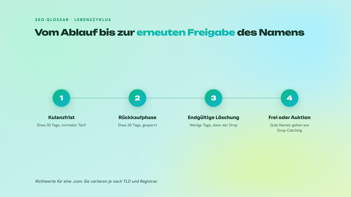 Dreistufiges Schema zum Lebenszyklus einer abgelaufenen Domain: Kulanzfrist, Rückkaufphase, dann endgültige Löschung mit Übergang zur freien Registrierung oder zur Auktion.