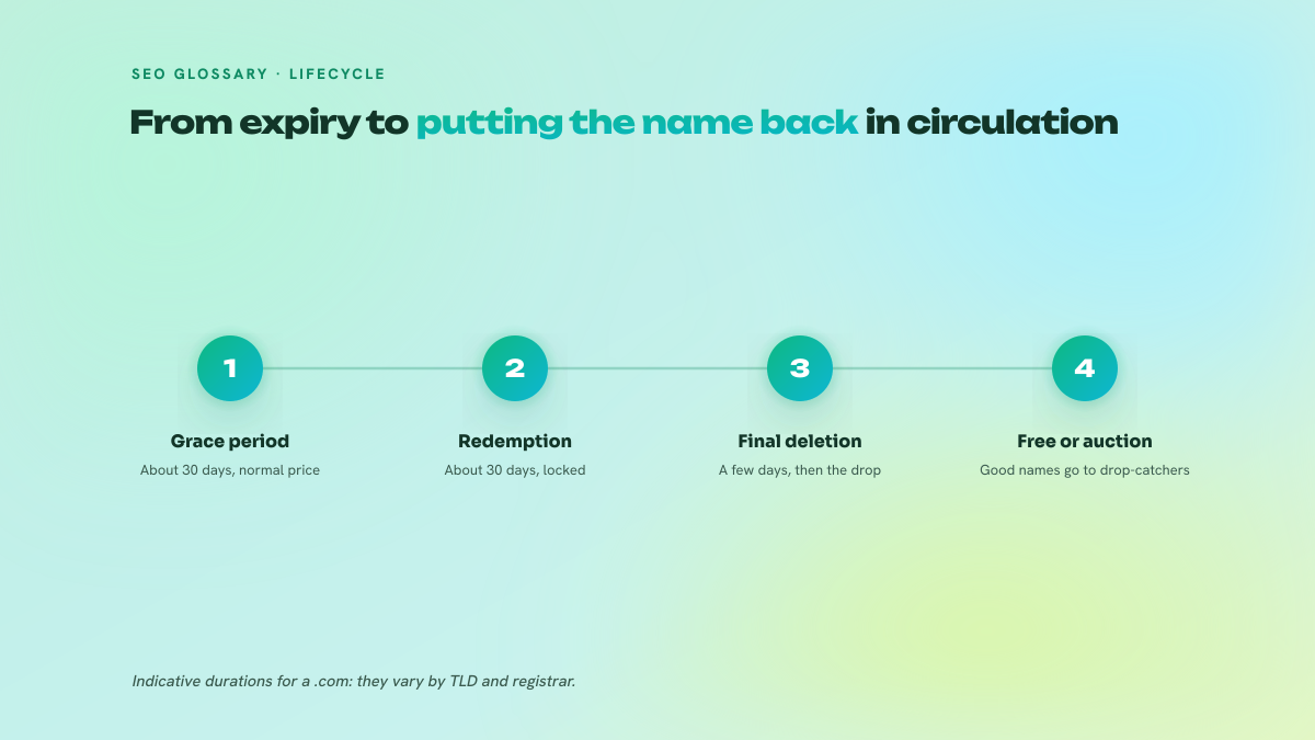 Three-step diagram of an expired domain's lifecycle: grace period, redemption period, then final deletion with a switch to free registration or auction.
