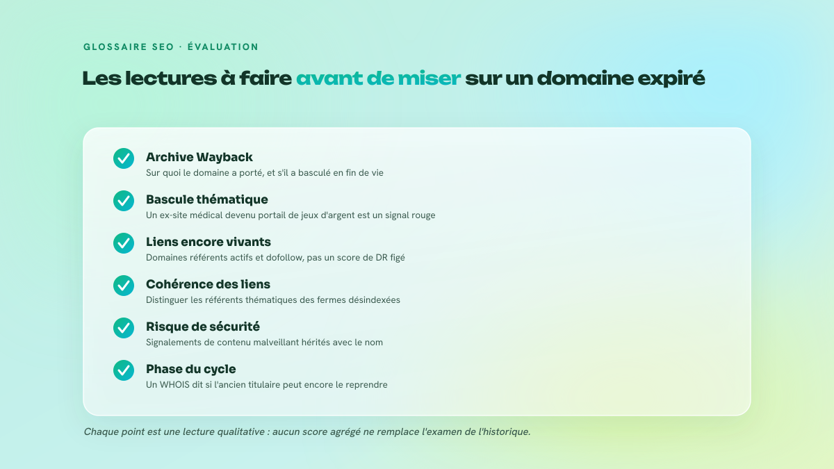 Checklist de six vérifications à mener avant l'achat d'un domaine expiré : archive Wayback, profil de liens vivants, sécurité, phase du cycle, continuité thématique et langue du marché.