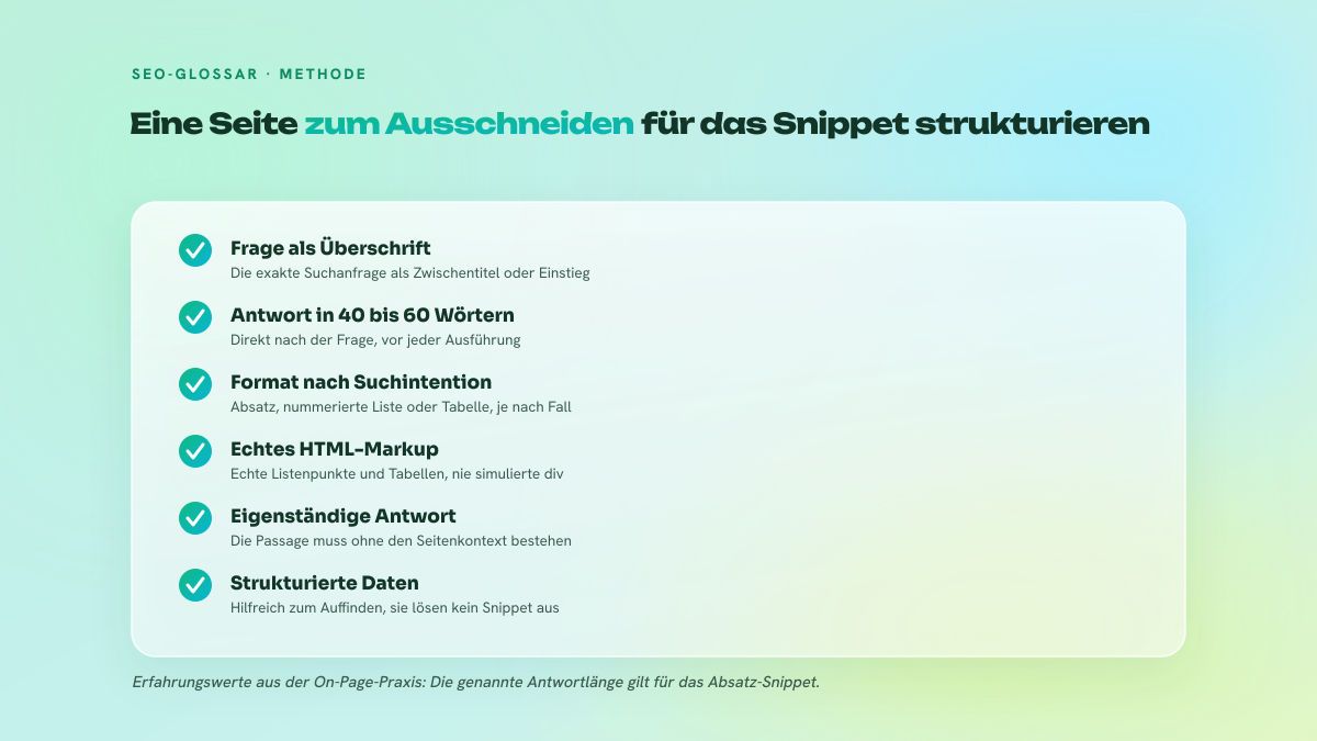 Checkliste mit sechs Regeln zur Strukturierung einer Seite für das Featured Snippet: Frage als Überschrift, kurze Antwort, Format passend zur Suchintention, echtes HTML-Markup, eigenständige Antwort, strukturierte Daten als Unterstützung.