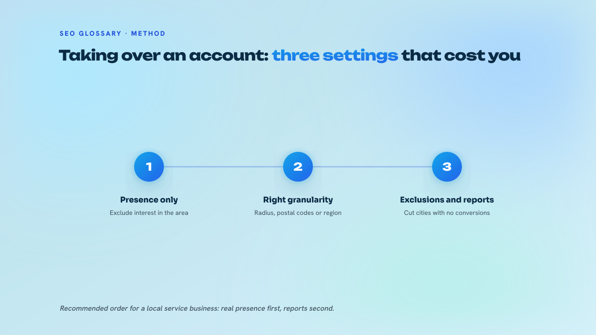 Three numbered ad setting steps: switch to presence, choose the granularity and set exclusions, then read the geographic reports.