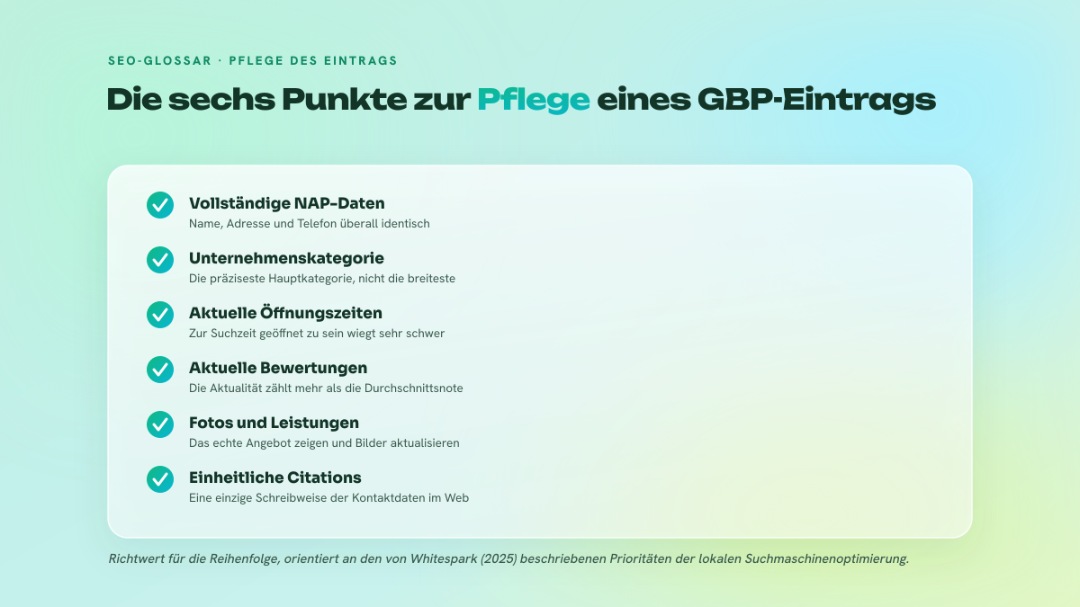 Liste von sechs Punkten zur Pflege eines Google Business Profile Eintrags: vollständige NAP-Daten, Unternehmenskategorie, aktuelle Öffnungszeiten, aktuelle Bewertungen, Fotos und Leistungen, einheitliche Citations.