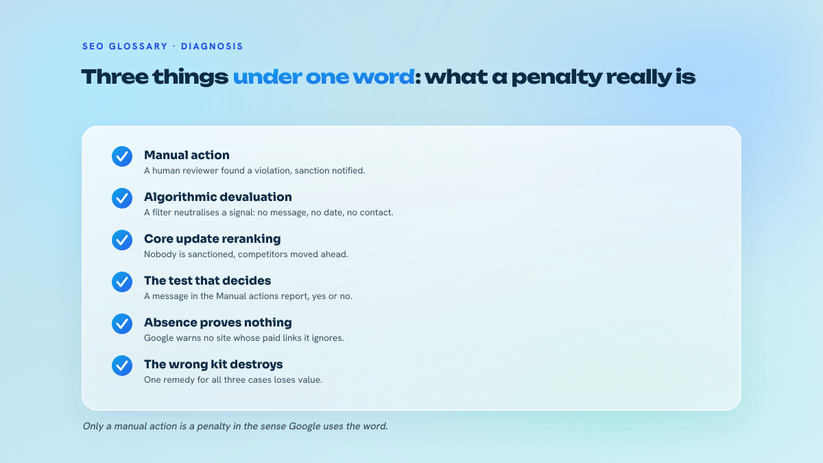 List of six points distinguishing manual action, algorithmic devaluation and reranking, with the Search Console test.