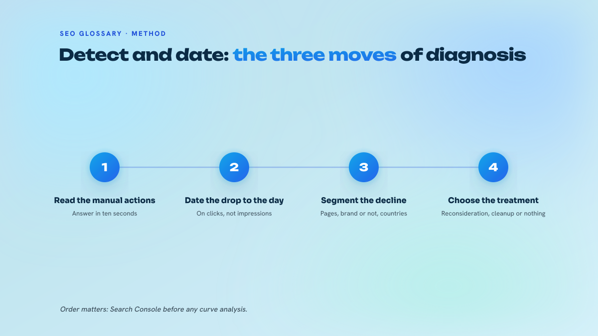 Four-step numbered diagram: manual actions report, dating the drop on clicks, segmentation, choice of treatment.
