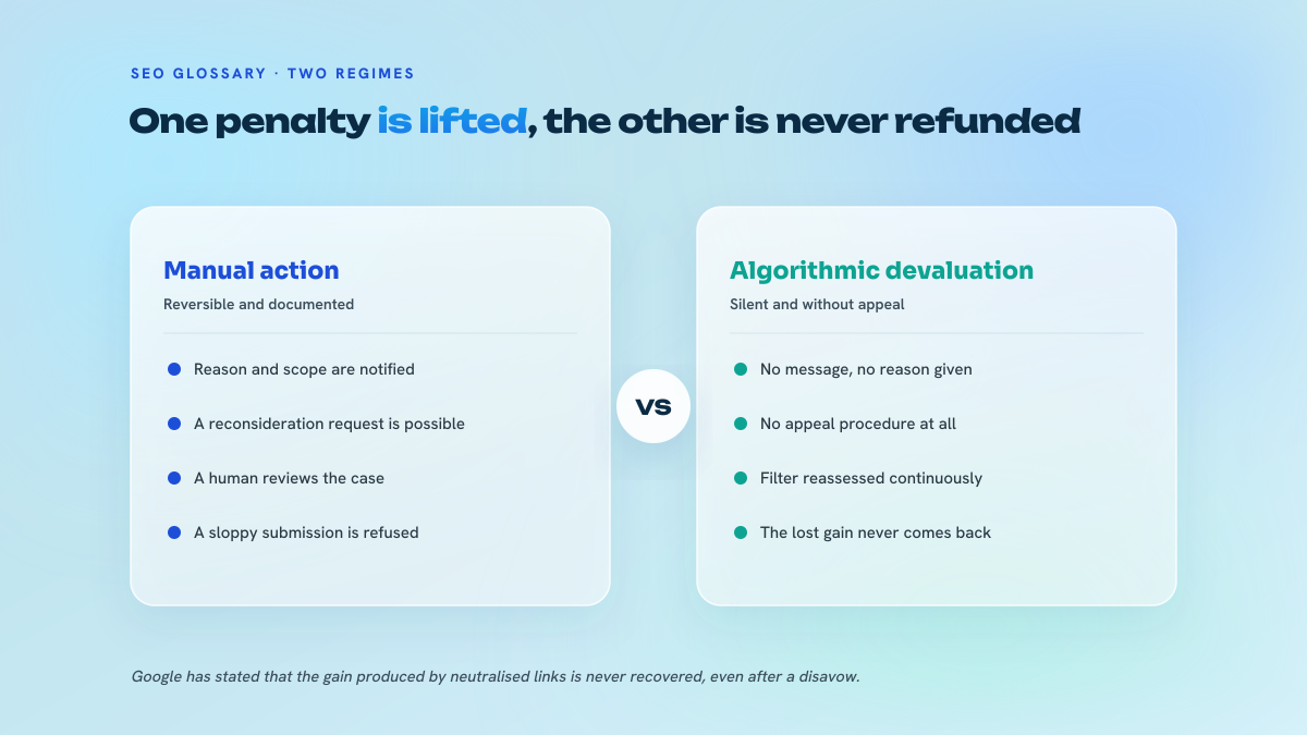 Two-column comparison between the reversible manual action and the algorithmic devaluation with no appeal.